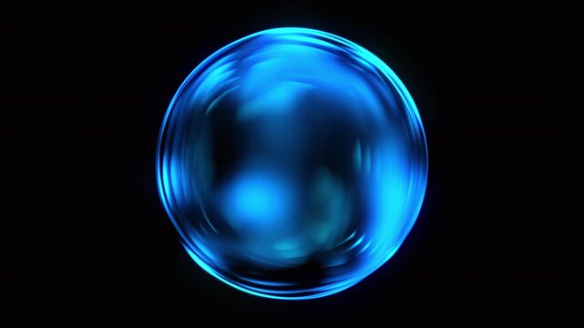 Abstract blue gradient 3d sphere background. Futuristic glass sphere rotating with light reflections and bokeh. Crystall ball and energy orb. Information technology concept,  data science, AI. 4k loop