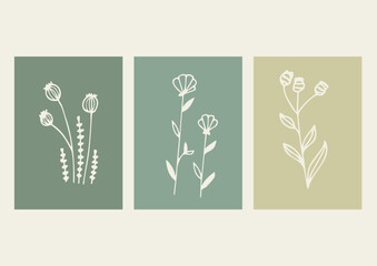 Illustration Hand Draw Doodle Set of Charming Flowers with Green Backgrounds