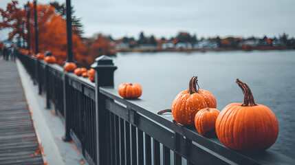 A row of vibrant orange pumpkins lined along a railing by a tranquil river in autumn, reflecting the season's beauty.