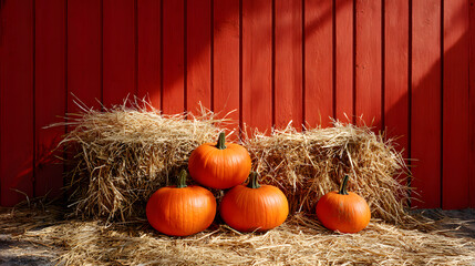 A vibrant display of orange pumpkins with hay bales in front of a rustic red barn.
