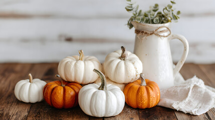 A rustic arrangement of white and orange pumpkins beside a floral pitcher on a wooden table.