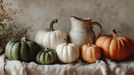 A rustic arrangement of colorful pumpkins with a ceramic jug, perfect for autumn decor.