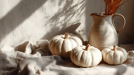 Three white pumpkins and a ceramic pitcher on a soft linen fabric, creating a cozy autumn atmosphere.