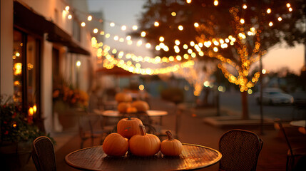 Charming autumn evening with pumpkins on a table, softly lit by glowing string lights.