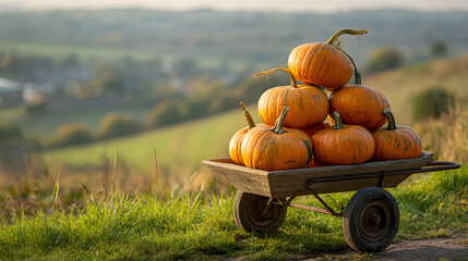 A rustic wheelbarrow filled with vibrant pumpkins sits against a scenic autumn landscape.
