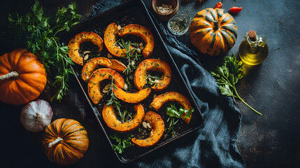Colorful roasted pumpkin slices arranged on a baking tray, surrounded by fresh herbs and vegetables.