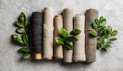 Rolled natural fabric bolts with green leaves