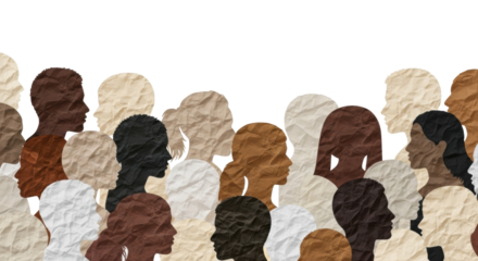 Crowded human head silhouettes, profile, diverse crumpled paper textures in warm tones, on white background, copy space. Concept of cultural diversity and global community