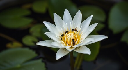 White lotus flower with bees