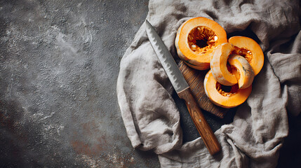 Freshly sliced orange pumpkin with a kitchen knife on a textured surface.