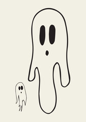 Illustration Hand Draw Doodle Halloween Big and Small Ghosts Black Outline