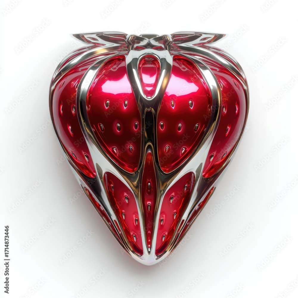 Poster abstract red heart shaped object with chrome accents a 3d rendered design for valentine's day or lov