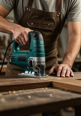 Man using jigsaw to cut wood while working in workshop  