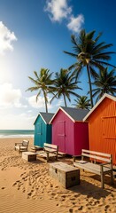 Obraz premium Colorful beach huts under a bright blue sky, creating a vibrant scene with palm trees, wooden benches, and sandy shores, evoking a sense of relaxation and a perfect travel destination