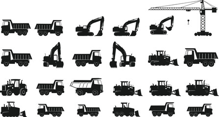 Construction vehicle silhouette set, black vector icons, excavator and crane clipart, dump truck graphic, industrial machinery design, heavy equipment illustration © Shahadot Creatives