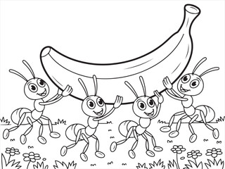Teamwork and effort shown by cartoon ants lifting a large banana in this fun drawing.