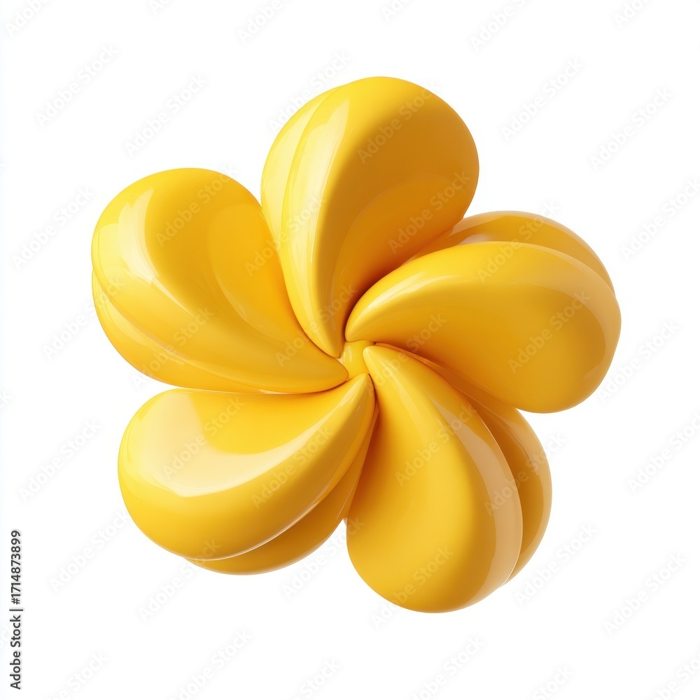 Poster abstract yellow flower design 3d render shiny glossy petals rotating graphic element