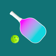 Mockup of a multi-colored pickleball racket. White Pickleball racket on a green  background.