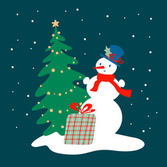 Christmas card template with vector illustration. Christmas tree, snowman and gift box. holiday decor in trendy retro style