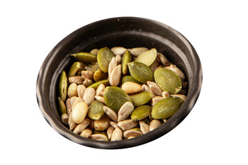 Seed mix sunflower seeds and pumpkin seeds natural product tasty snack fresh delicious gourmet food background on the table rustic top view copy space keto and paleo diet vegan and vegan food