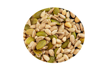 Seed mix sunflower seeds and pumpkin seeds natural product tasty snack fresh delicious gourmet food background on the table rustic top view copy space keto and paleo diet vegan and vegan food