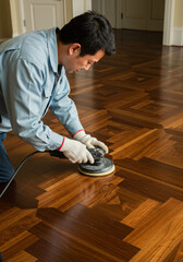 A man polishes a parquet floor with a rotary tool wearing gloves indoors  