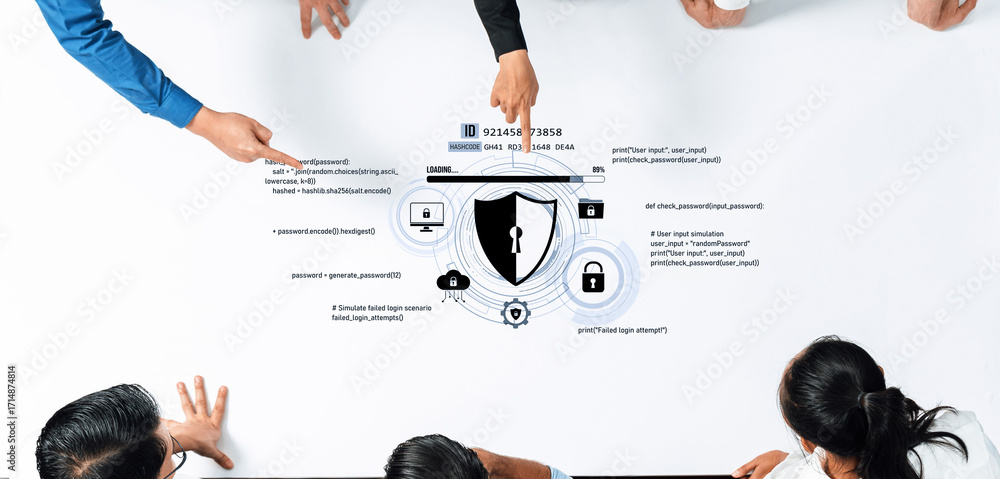 Poster team collaboration on data protection highlights the importance of security in digital settings, sho