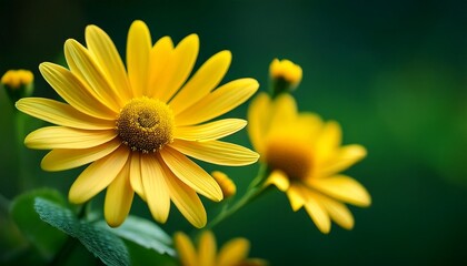 Yellow Flowers On Green Background Macro Shot