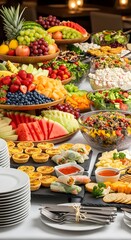 Fototapeta premium Gourmet catering concept featuring a luxurious banquet table laden with a colorful assortment of fresh fruit platters, vibrant salads, and savory appetizers