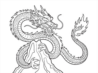 Black and white illustration of Chinese dragon with scales, claws, and fire, traditional mythical creature line art drawing for coloring book, fantasy folklore reptile sketch design