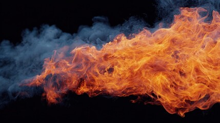 Fototapeta premium Flames And Smoke Against A Dark Background. Intense Fire And Smoke Create A Dramatic And Dynamic Scene