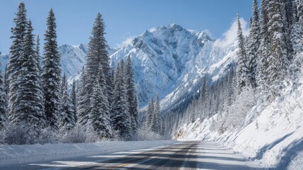 Fototapeta premium Snowy Mountain Road With Pine Trees And Blue Sky. Winter Travel And Scenic Landscape