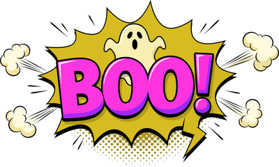 Cartoonish Halloween Boo Text with Ghost and Comic Book Style Explosion.