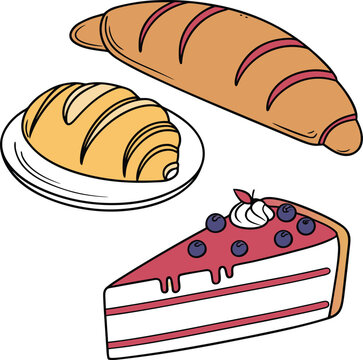 Vector illustration of assorted bakery items, including bread, croissants, and pastries