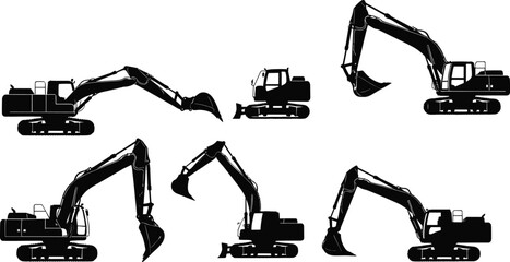Excavator silhouette collection, black construction vehicle icons, tracked machinery graphic, digging arm positions, industrial equipment vector, earthmoving tool clipart © Shahadot Creatives