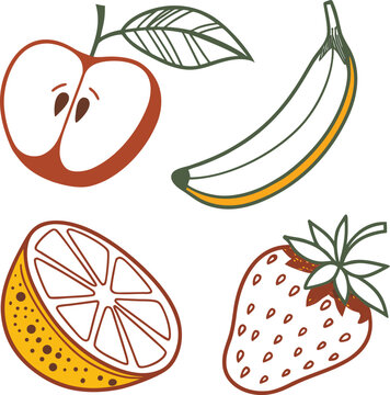 A vibrant vector illustration set of fresh fruits and berries, including apple, orange, banana, and strawberry icons, perfect for a healthy food collection