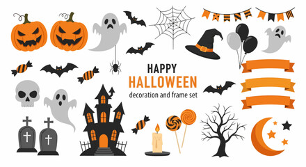Halloween Decoration Set Pumpkins Ghosts Bats Haunted House and Spooky Elements 1.