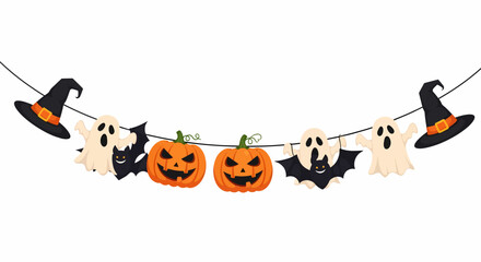 Halloween Garland with Witch Hats Ghosts Bats and Jackolanterns on a String.
