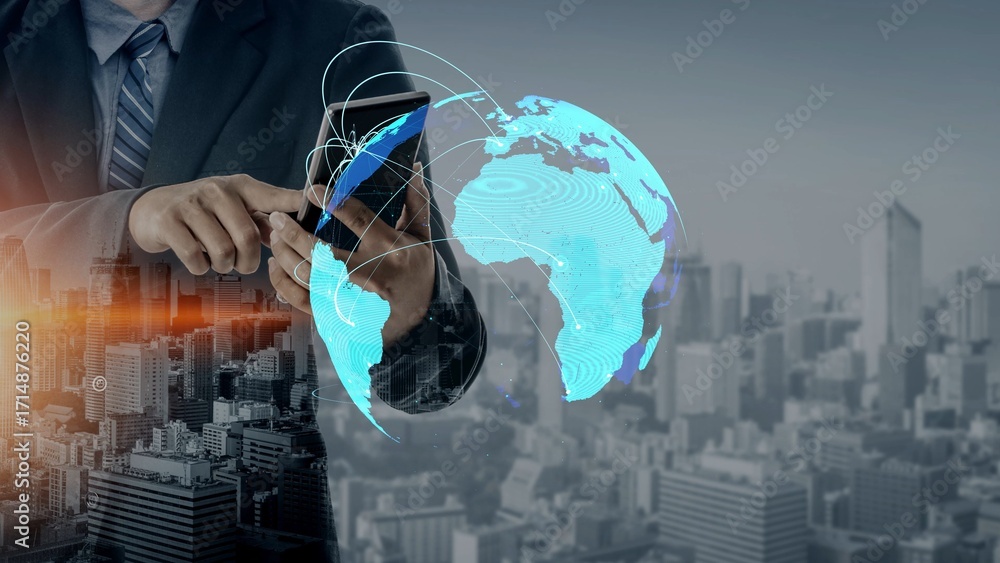 Poster global network connection visualization showing data exchange, digital link, worldwide communication