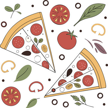 A vibrant seamless pattern featuring delicious slices of pizza with pepperoni, mushrooms, and mozzarella cheese on a red background