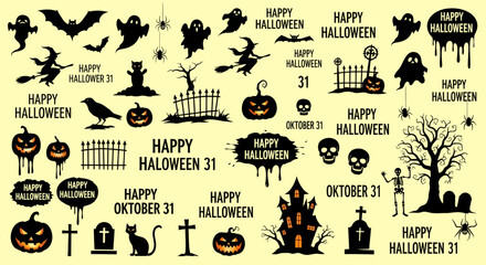 Halloween Silhouettes Bats Ghosts Witch Pumpkins Skeletons and Spiders Vector Set.
