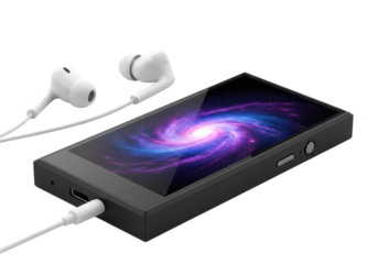 A sleek, modern black media player with matte finish, vibrant nebula screen, and transparent in-ear headphones on a soft-reflected white studio background. Concept of modern digital entertainment