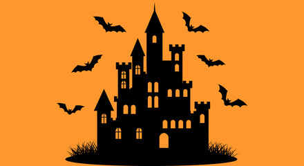 Silhouette of a Spooky Castle with Bats Flying Around on Halloween Night.