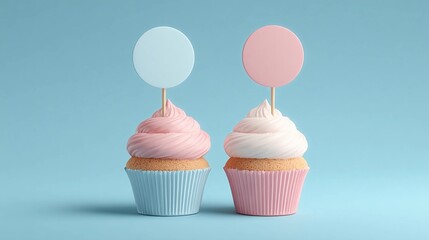 Gender reveal cupcakes with blank toppers on blue background