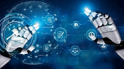 Futuristic digital law interface displaying justice scale, highlighting digital law, AI compliance,...