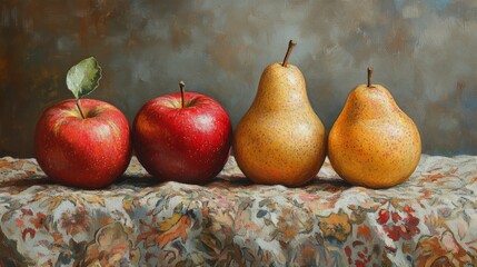 Still life of deep red apples and golden pears on a patterned cloth, inspired by Gauguin&acirc;&euro;&trade;s use of flat colors and strong outlines. --ar 16:9 --stylize 750 --v 6.1 Job ID: 31798bb9-7ac3-4aec-a626-45d