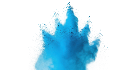 A vibrant blue microscopic powder cloud mid-explosion, scattering dynamically with fluid patterns and smoke-like wisps on a transparent studio background, perfectly lit. Concept of dynamic abstract