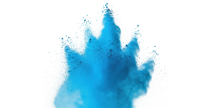 A vibrant blue microscopic powder cloud mid-explosion, scattering dynamically with fluid patterns and smoke-like wisps on a transparent studio background, perfectly lit. Concept of dynamic abstract