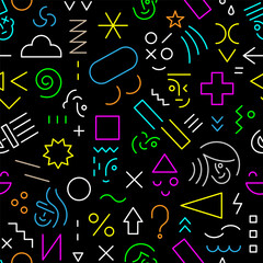 Faces of kids and teens creative school education seamless background ,  lines sign and symbol vector pattern