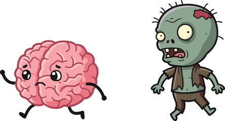 Funny cartoon illustration of running brain character escaping from hungry zombie, Halloween humor design, spooky horror concept, scary yet cute artwork for festive decoration